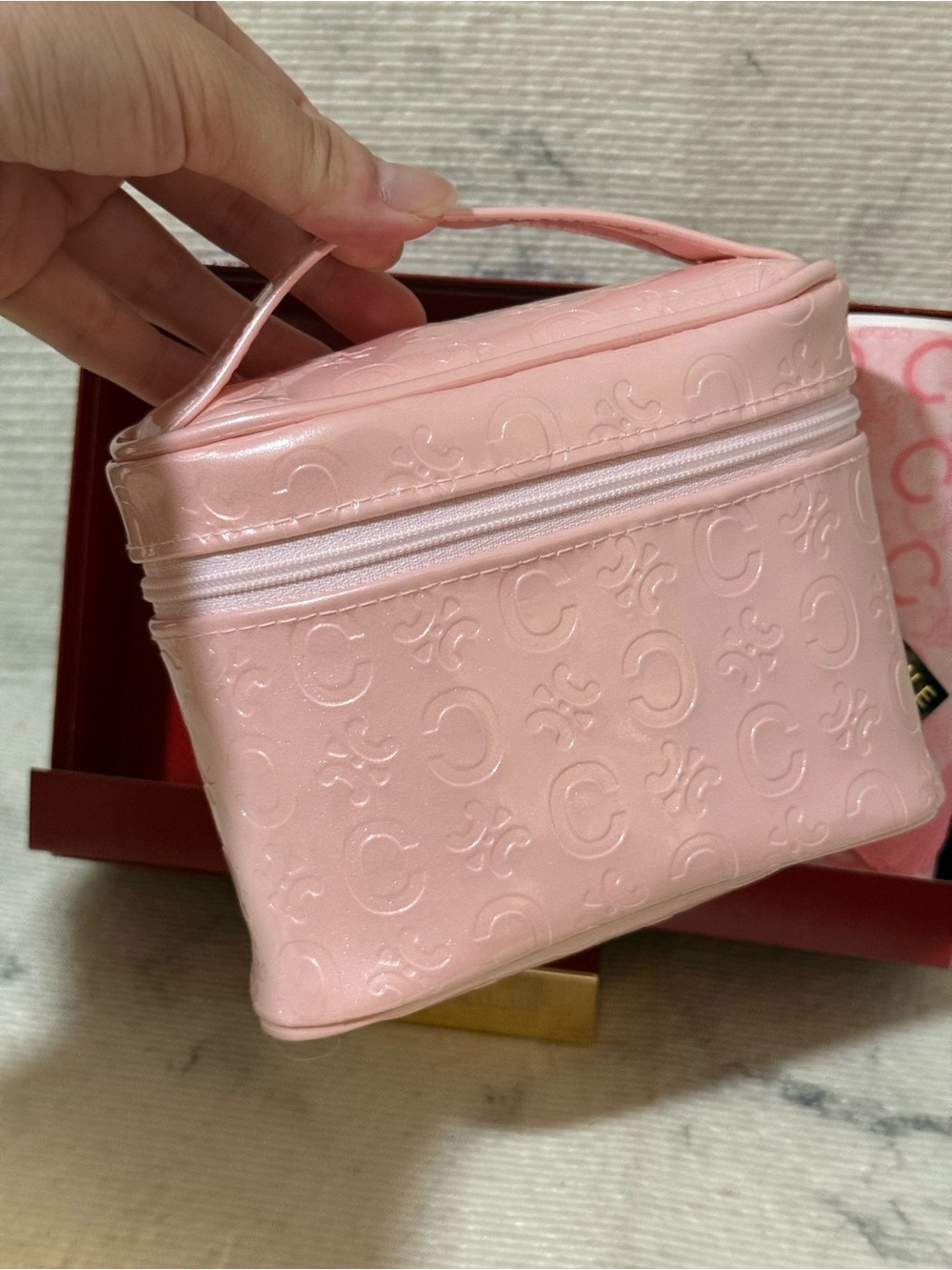 Celine Light Pink Embossed Vanity Cosmetic Case & Cotton Scarf Set - Picture 7 of 11